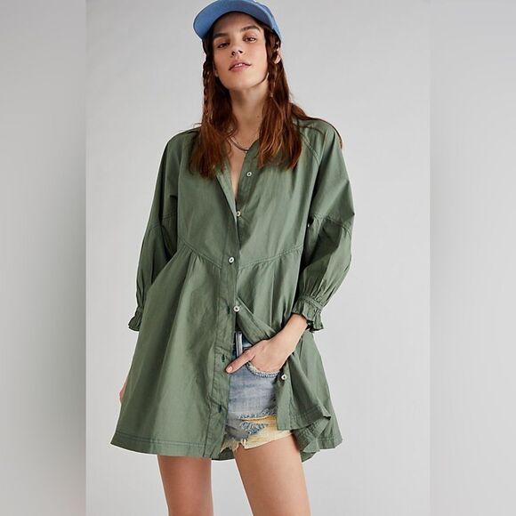 Free People Hannah Poplin Mini Dress in Army XL - Picture 3 of 5